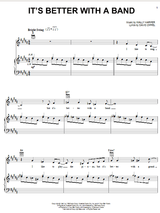 Learn to play David Zippel It's Better With A Band sheet music for Piano, Vocal & Guitar Chords (Right-Hand Melody) in minutes. Price: 7.8900$ David Zippel It's Better With A Band sheet music notes and chords arranged for Piano, Vocal & Guitar Chords (Right-Hand Melody)