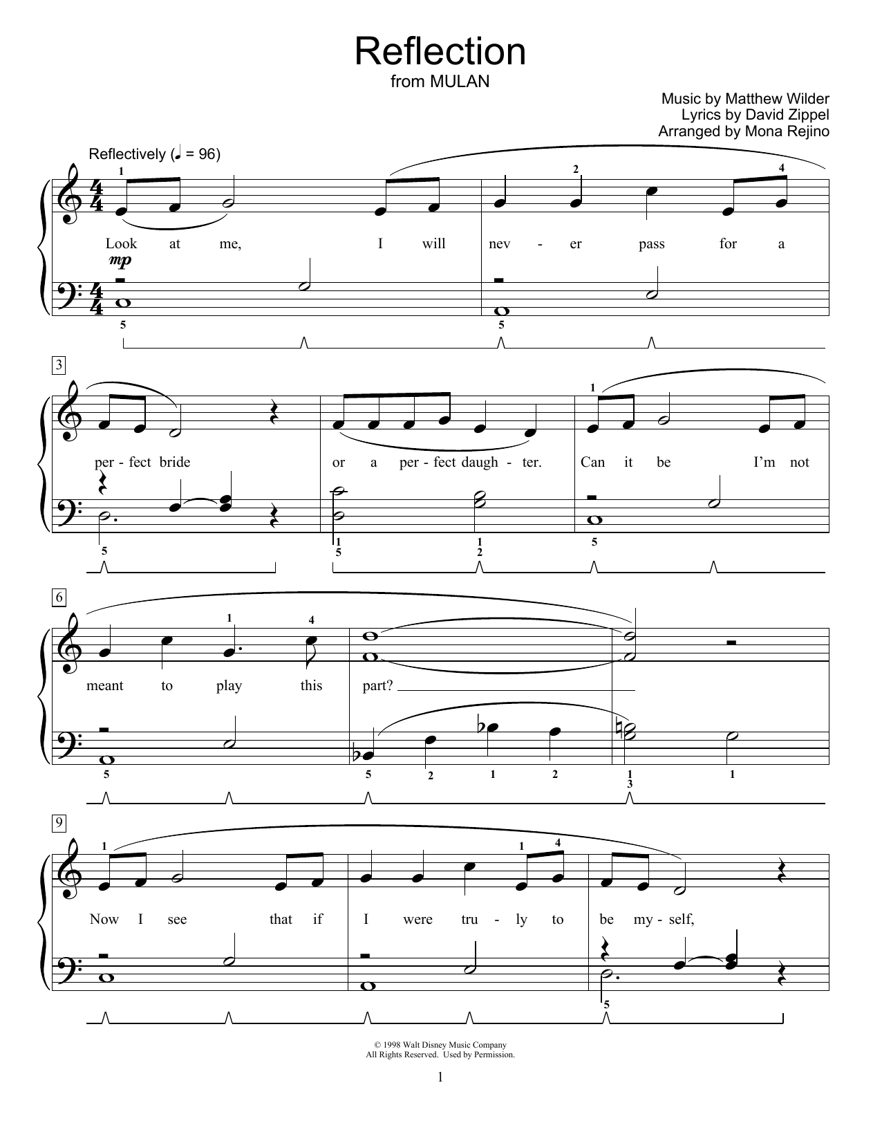 Learn to play David Zippel Reflection (from Mulan) (arr. Mona Rejino) sheet music for Educational Piano in minutes. Price: 6.9900$ David Zippel Reflection (from Mulan) (arr. Mona Rejino) sheet music notes and chords arranged for Educational Piano