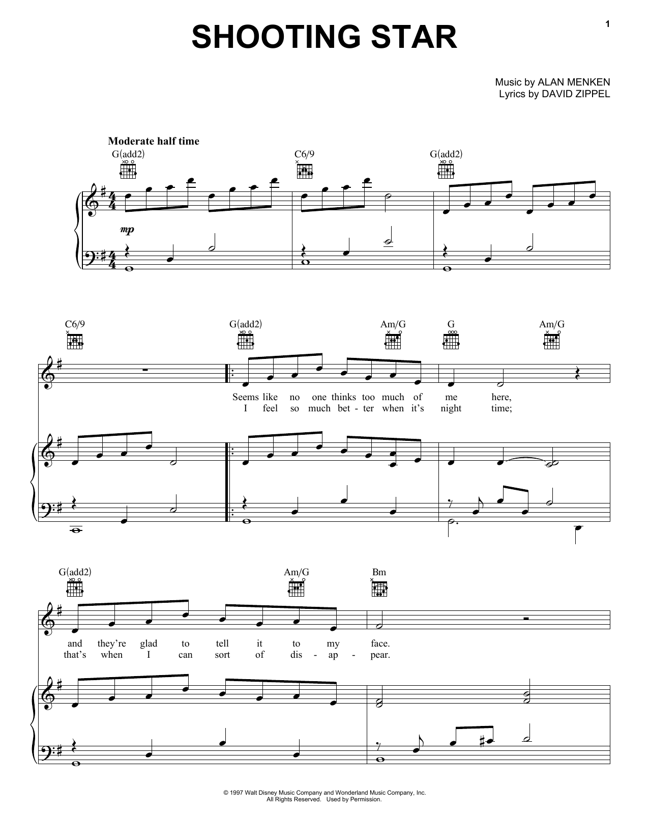 Alan Menken Shooting Star sheet music notes and chords. Download Printable PDF.