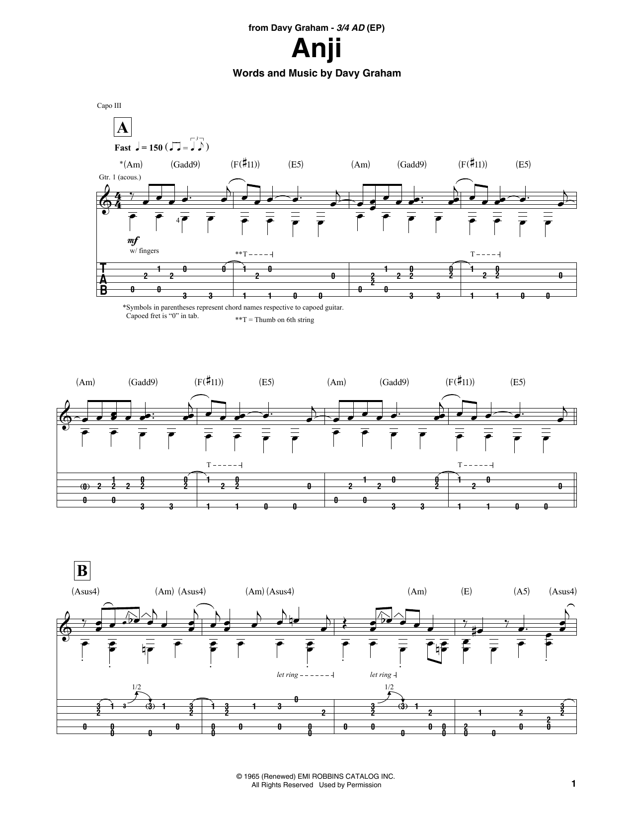 Davy Graham Anji sheet music notes and chords. Download Printable PDF.