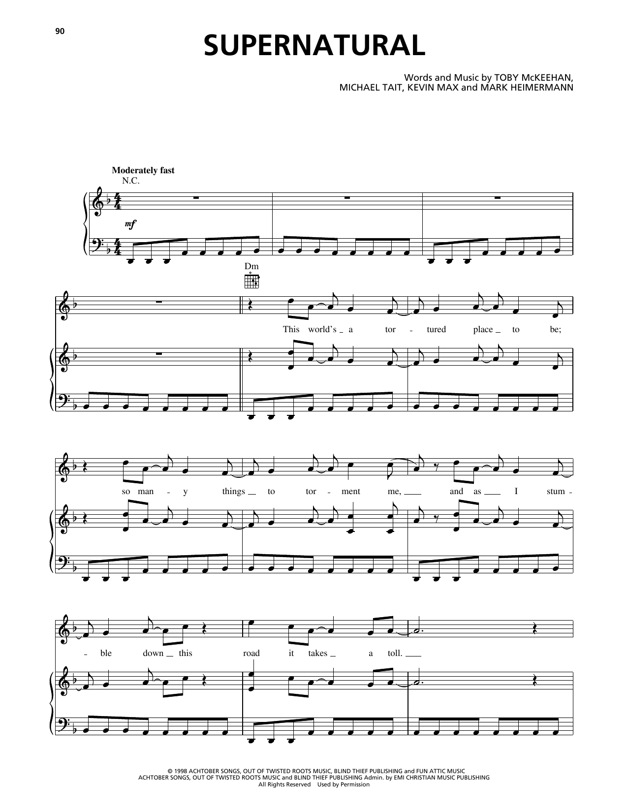 Learn to play dc Talk Supernatural sheet music for Piano, Vocal & Guitar Chords (Right-Hand Melody) in minutes. Price: 7.8900$ dc Talk Supernatural sheet music notes and chords arranged for Piano, Vocal & Guitar Chords (Right-Hand Melody)
