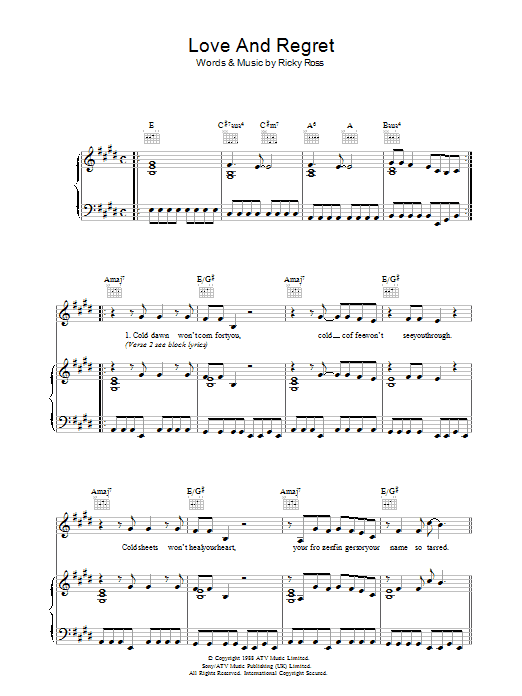 Deacon Blue Love And Regret sheet music notes and chords arranged for Piano, Vocal & Guitar Chords