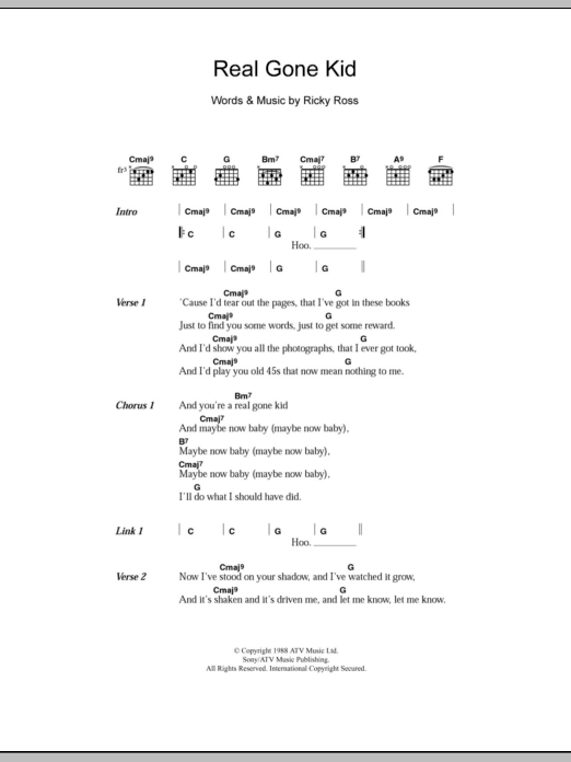 Deacon Blue Real Gone Kid sheet music notes and chords arranged for Guitar Chords/Lyrics