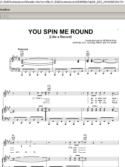 Dead Or Alive You Spin Me Round (Like A Record) sheet music notes and chords. Download Printable PDF.