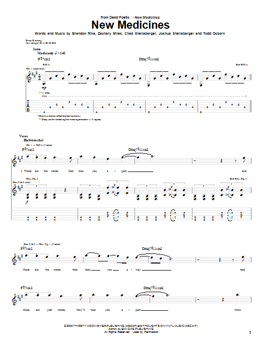 Learn to play Dead Poetic New Medicines sheet music for Guitar Tab in minutes. Price: 7.8900$ Dead Poetic New Medicines sheet music notes and chords arranged for Guitar Tab