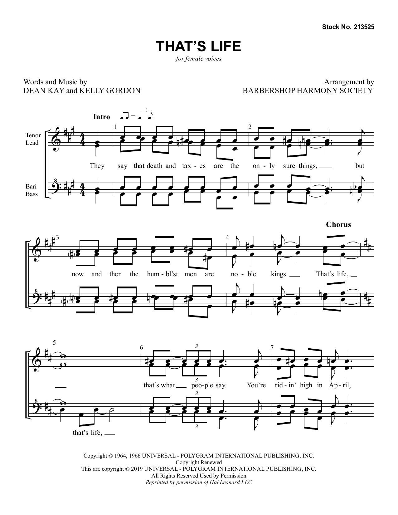 Dean Kay & Kelly Gordon That's Life (arr. Barbershop Harmony Society) sheet music notes and chords arranged for SSAA Choir