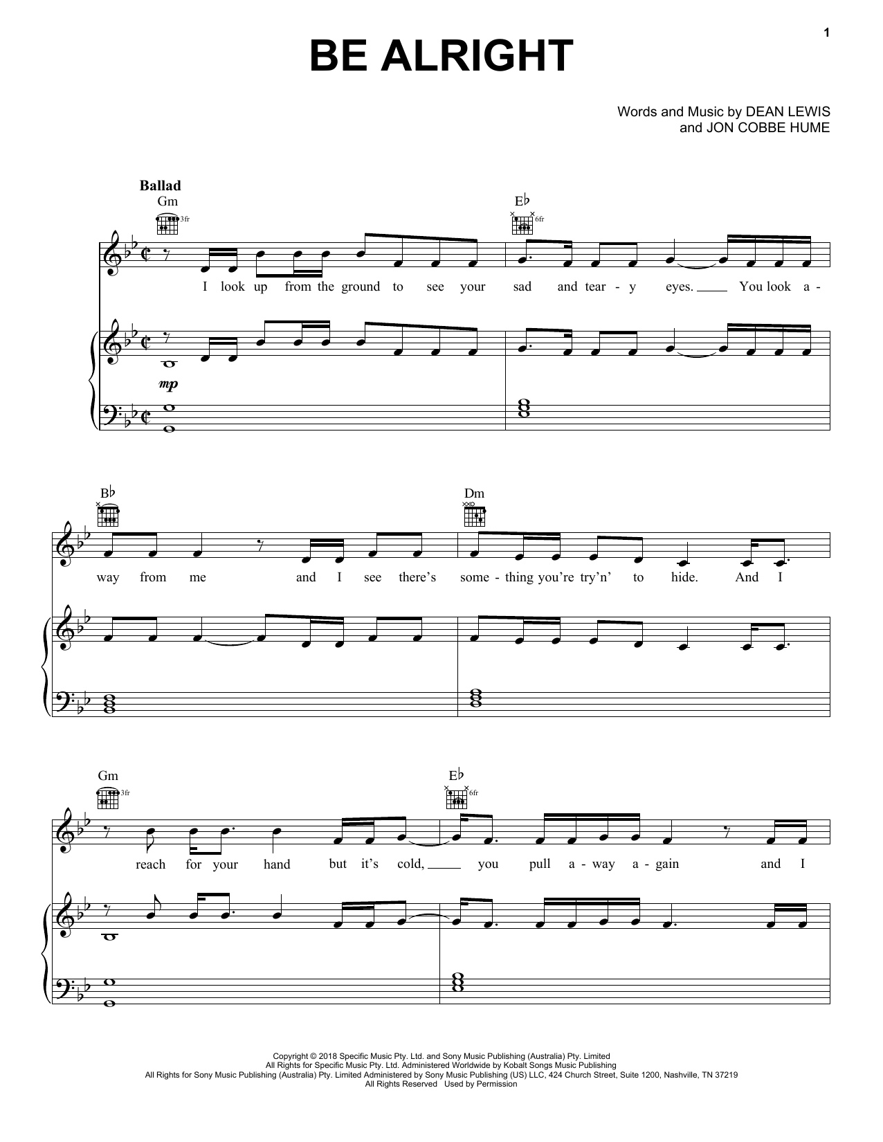 Dean Lewis Be Alright sheet music notes and chords. Download Printable PDF.