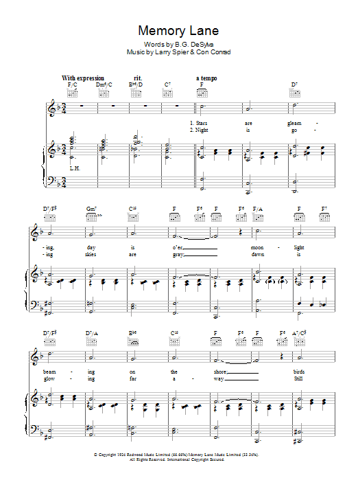 Dean Martin Memory Lane sheet music notes and chords arranged for Piano, Vocal & Guitar Chords