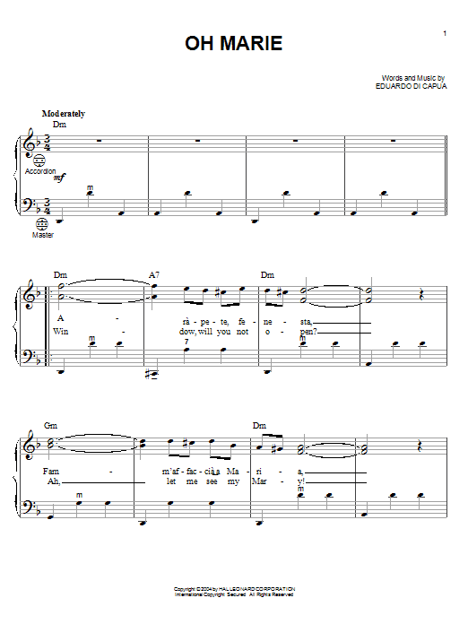 Dean Martin Oh Marie sheet music notes and chords. Download Printable PDF.