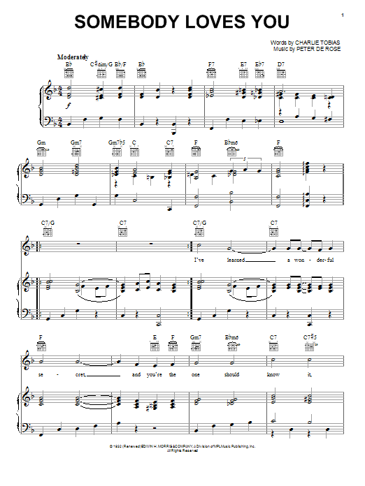 Learn to play Dean Martin Somebody Loves You sheet music for Piano, Vocal & Guitar Chords (Right-Hand Melody) in minutes. Price: 7.8900$ Dean Martin Somebody Loves You sheet music notes and chords arranged for Piano, Vocal & Guitar Chords (Right-Hand Melody)