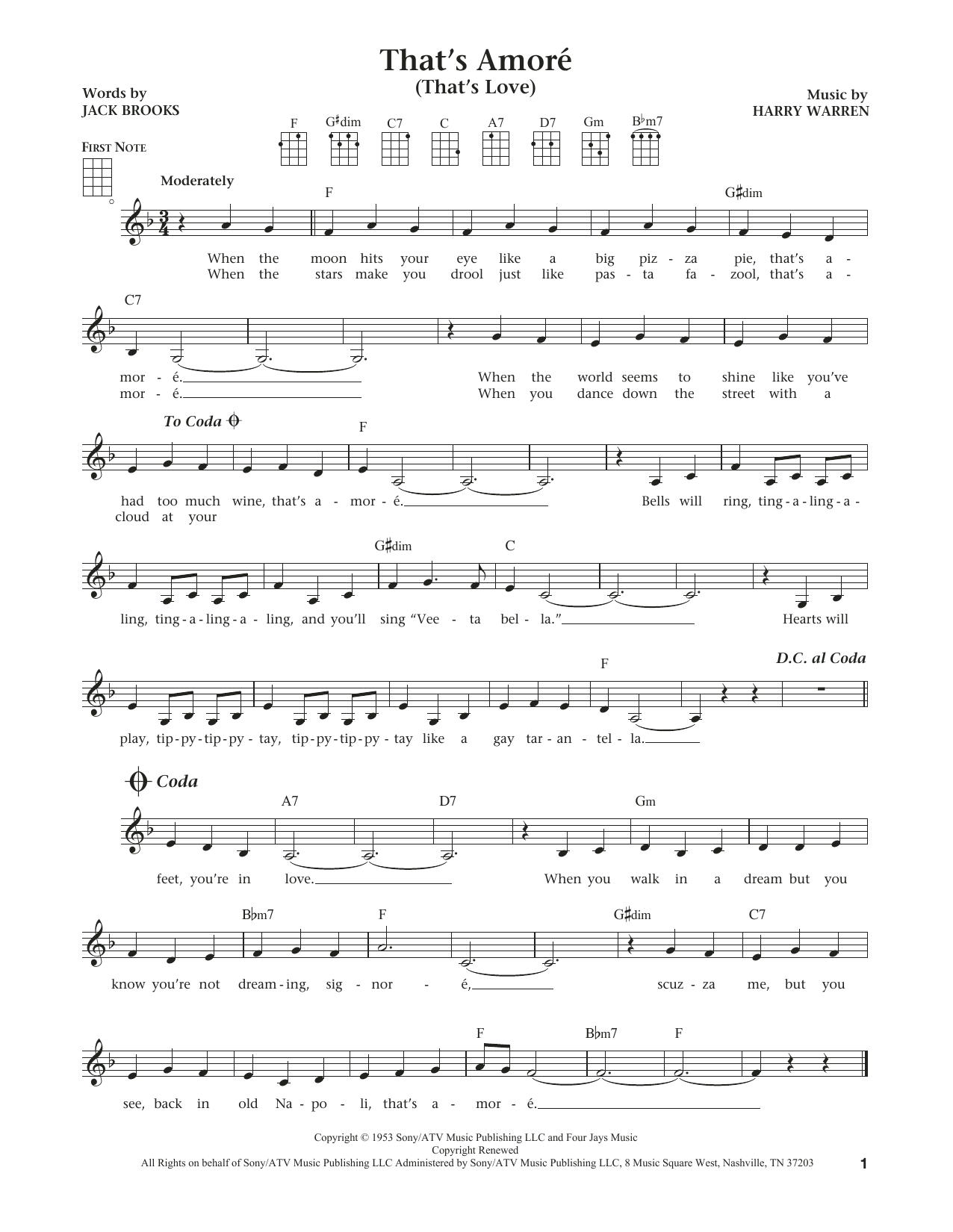 Learn to play Harry Warren That's Amore (That's Love) (from The Daily Ukulele) (arr. Liz and Jim Beloff) sheet music for Ukulele in minutes. Price: 5.9900$ Harry Warren That's Amore (That's Love) (from The Daily Ukulele) (arr. Liz and Jim Beloff) sheet music notes and chords arranged for Ukulele