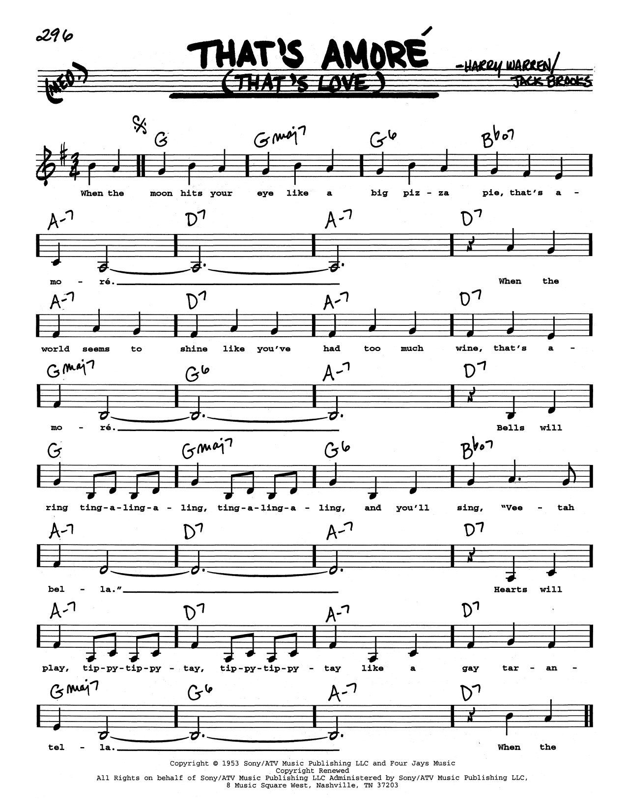 Dean Martin That's Amore (That's Love) (Low Voice) sheet music notes and chords. Download Printable PDF.