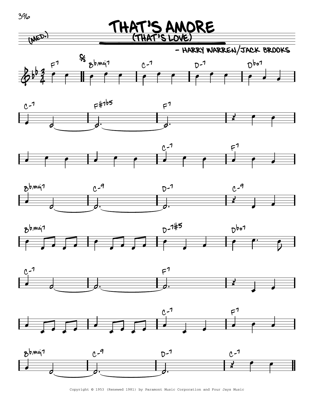 Harry Warren That's Amore (That's Love) [Reharmonized version] (arr. Jack Grassel) sheet music notes and chords arranged for Real Book – Melody & Chords