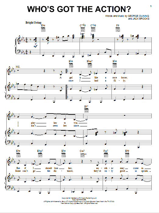 Learn to play Dean Martin Who's Got The Action sheet music for Piano, Vocal & Guitar Chords (Right-Hand Melody) in minutes. Price: 7.8900$ Dean Martin Who's Got The Action sheet music notes and chords arranged for Piano, Vocal & Guitar Chords (Right-Hand Melody)