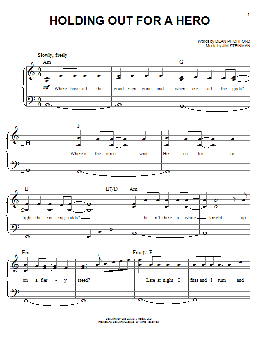 Learn to play Dean Pitchford Holding Out For A Hero sheet music for Easy Piano in minutes. Price: 6.9900$ Dean Pitchford Holding Out For A Hero sheet music notes and chords arranged for Easy Piano
