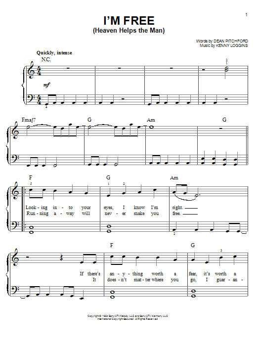 Dean Pitchford I'm Free (Heaven Helps The Man) sheet music notes and chords. Download Printable PDF.