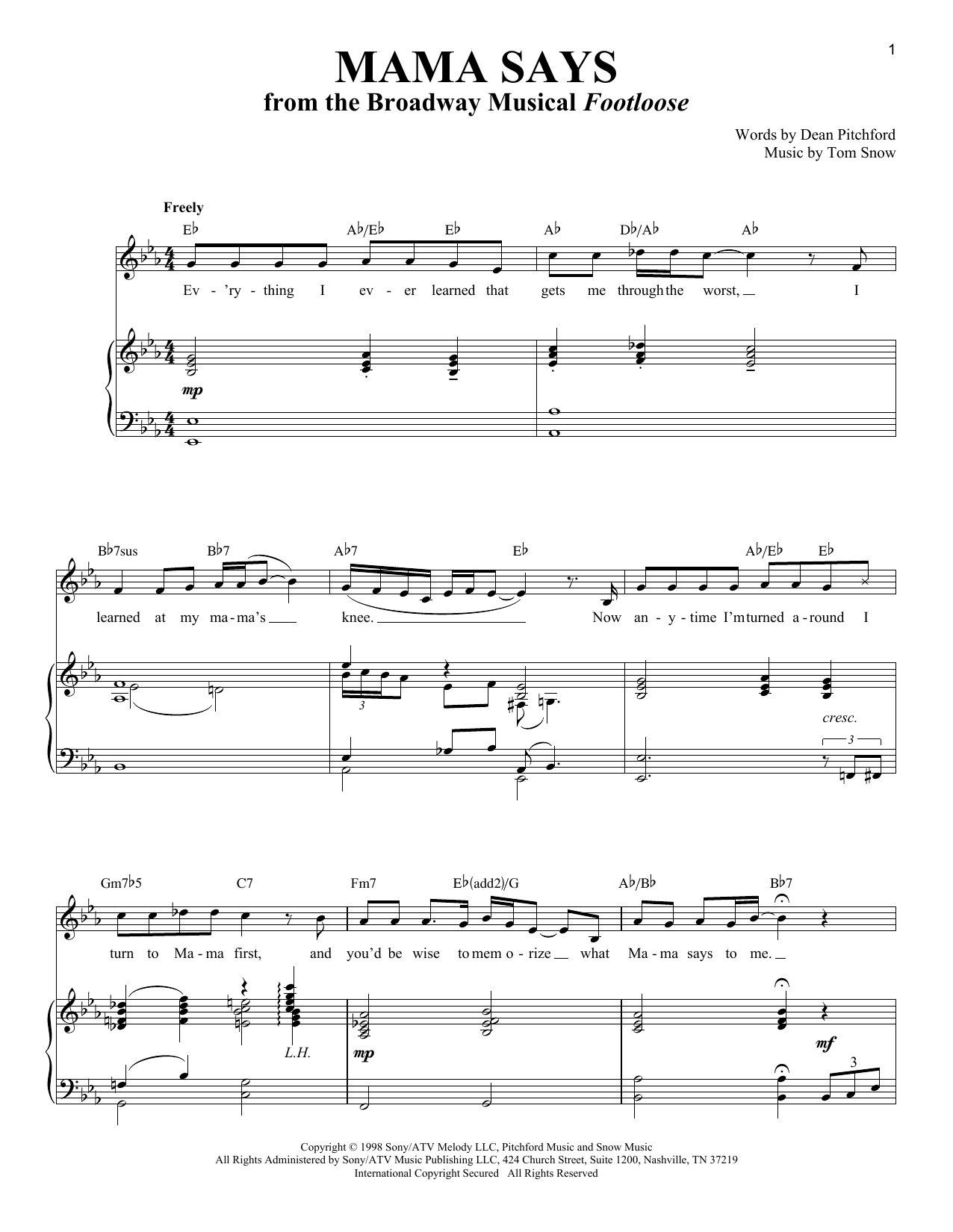 Tom Snow Mama Says (from Footloose) sheet music notes and chords arranged for Easy Piano