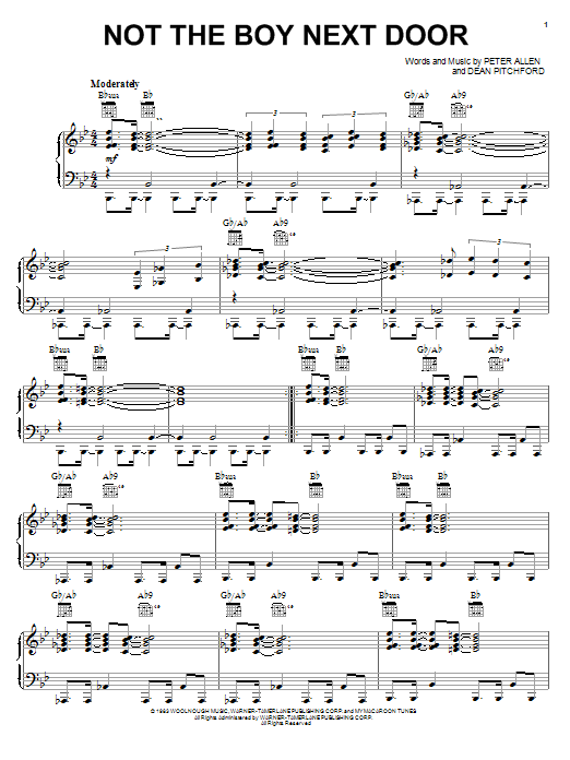 Learn to play Dean Pitchford Not The Boy Next Door sheet music for Piano, Vocal & Guitar Chords (Right-Hand Melody) in minutes. Price: 7.8900$ Dean Pitchford Not The Boy Next Door sheet music notes and chords arranged for Piano, Vocal & Guitar Chords (Right-Hand Melody)