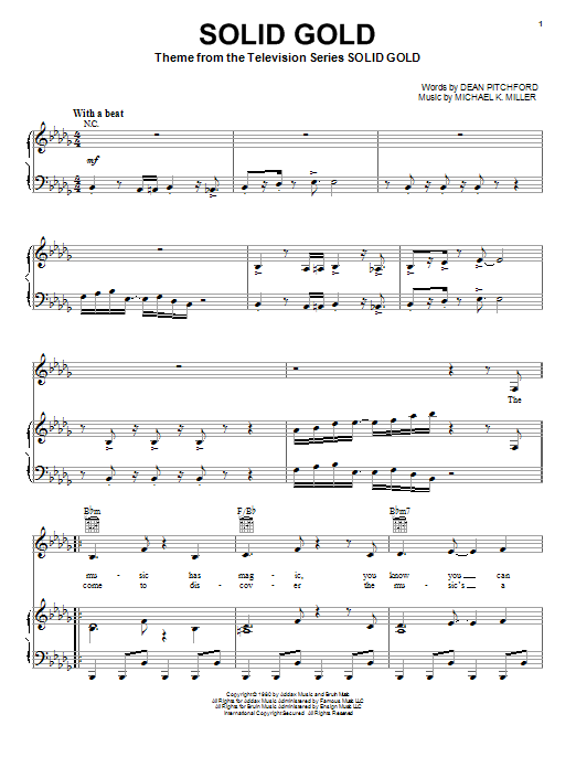 Learn to play Dean Pitchford Solid Gold sheet music for Piano, Vocal & Guitar Chords (Right-Hand Melody) in minutes. Price: 7.8900$ Dean Pitchford Solid Gold sheet music notes and chords arranged for Piano, Vocal & Guitar Chords (Right-Hand Melody)