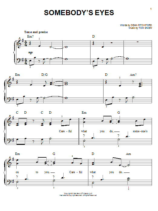 Dean Pitchford Somebody's Eyes sheet music notes and chords. Download Printable PDF.