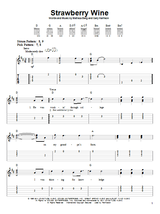 Deana Carter Strawberry Wine sheet music notes and chords. Download Printable PDF.