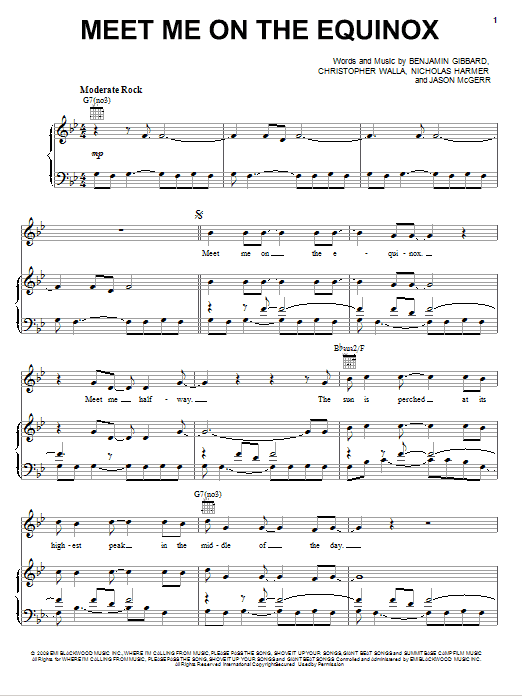 Learn to play Death Cab For Cutie Meet Me On The Equinox sheet music for Piano, Vocal & Guitar Chords (Right-Hand Melody) in minutes. Price: 7.8900$ Death Cab For Cutie Meet Me On The Equinox sheet music notes and chords arranged for Piano, Vocal & Guitar Chords (Right-Hand Melody)