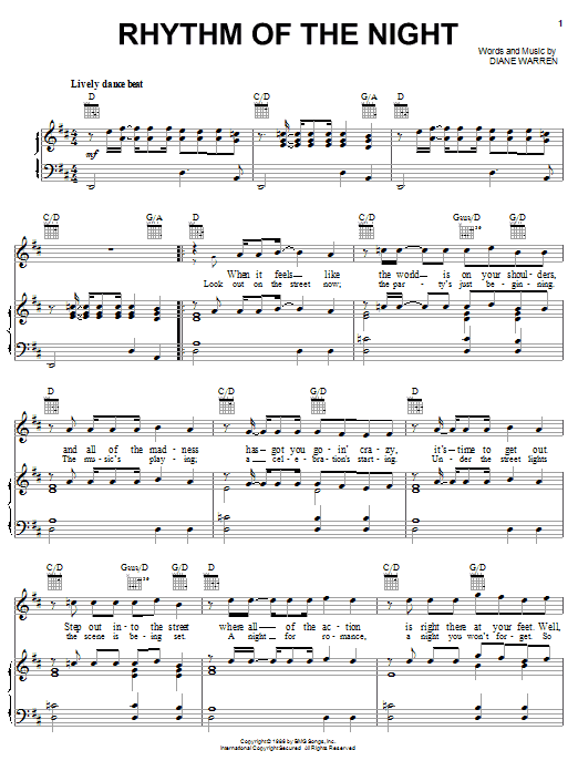 DeBarge Rhythm Of The Night sheet music notes and chords. Download Printable PDF.