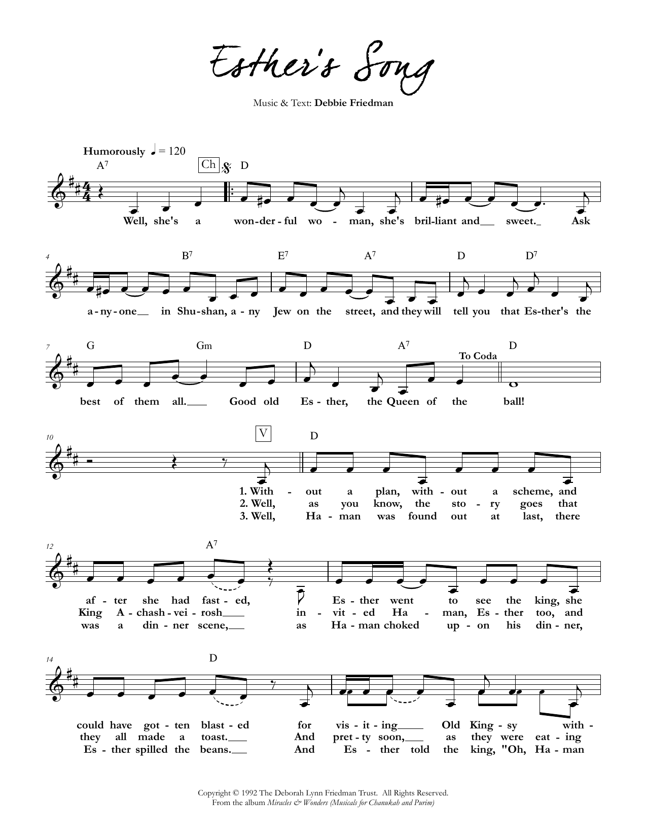 Learn to play Debbie Friedman Esther's Song sheet music for Lead Sheet / Fake Book in minutes. Price: 5.9900$ Debbie Friedman Esther's Song sheet music notes and chords arranged for Lead Sheet / Fake Book