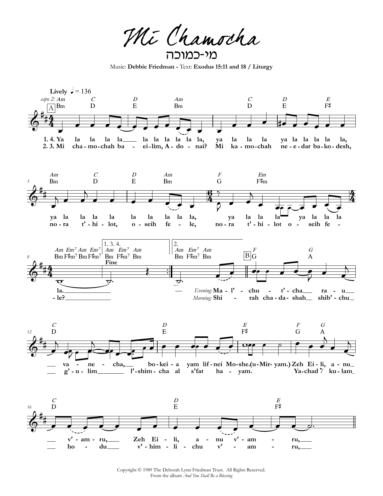 Debbie Friedman Mi Chamocha sheet music notes and chords. Download Printable PDF.