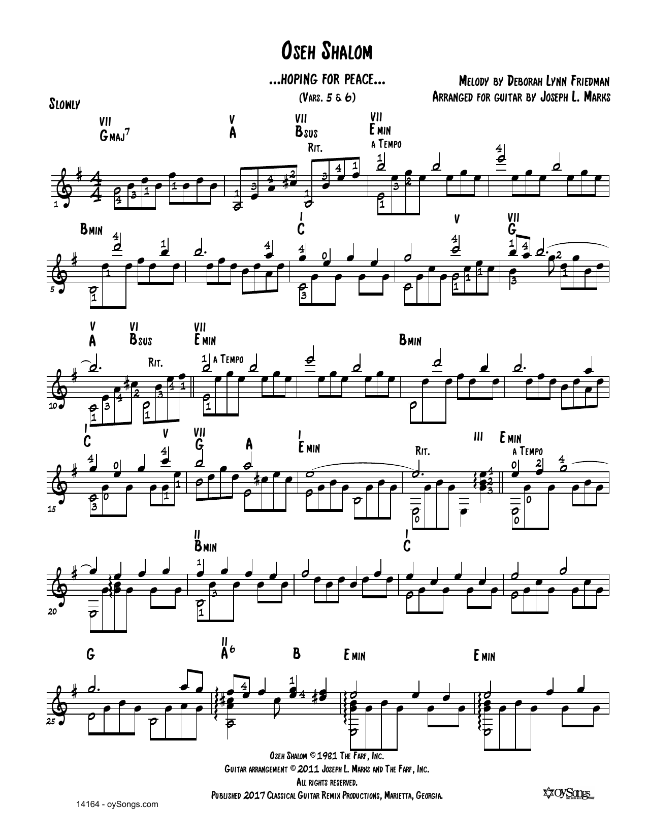 Debbie Friedman Oseh Shalom Vars 5,6 (arr. Joe Marks) sheet music notes and chords arranged for Solo Guitar