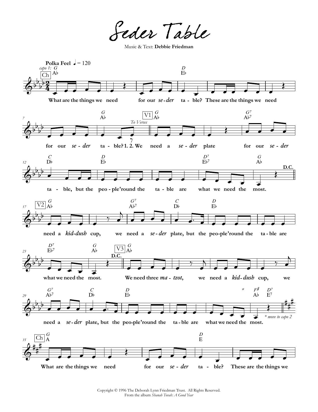 Learn to play Debbie Friedman Seder Table sheet music for Lead Sheet / Fake Book in minutes. Price: 5.9900$ Debbie Friedman Seder Table sheet music notes and chords arranged for Lead Sheet / Fake Book