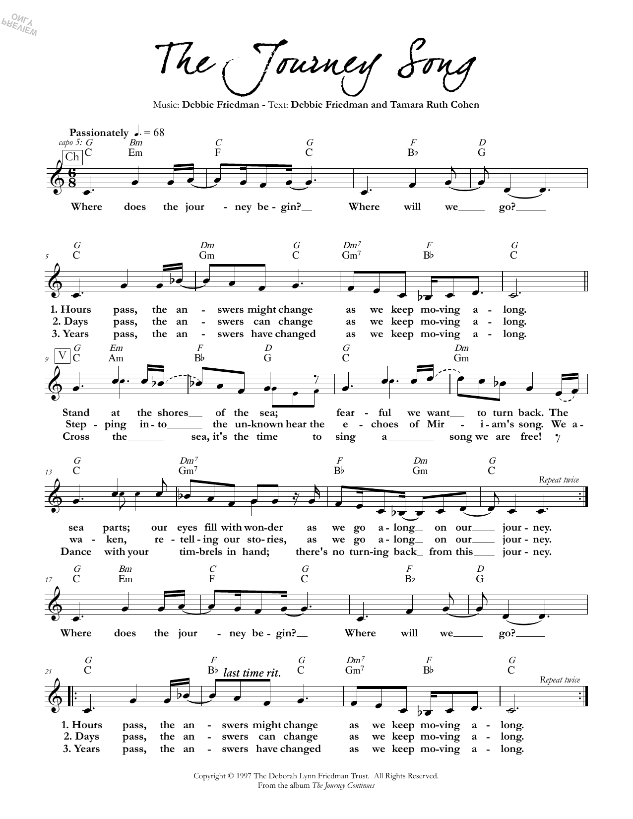 Debbie Friedman & Tamara Ruth Cohen The Journey Song sheet music notes and chords. Download Printable PDF.