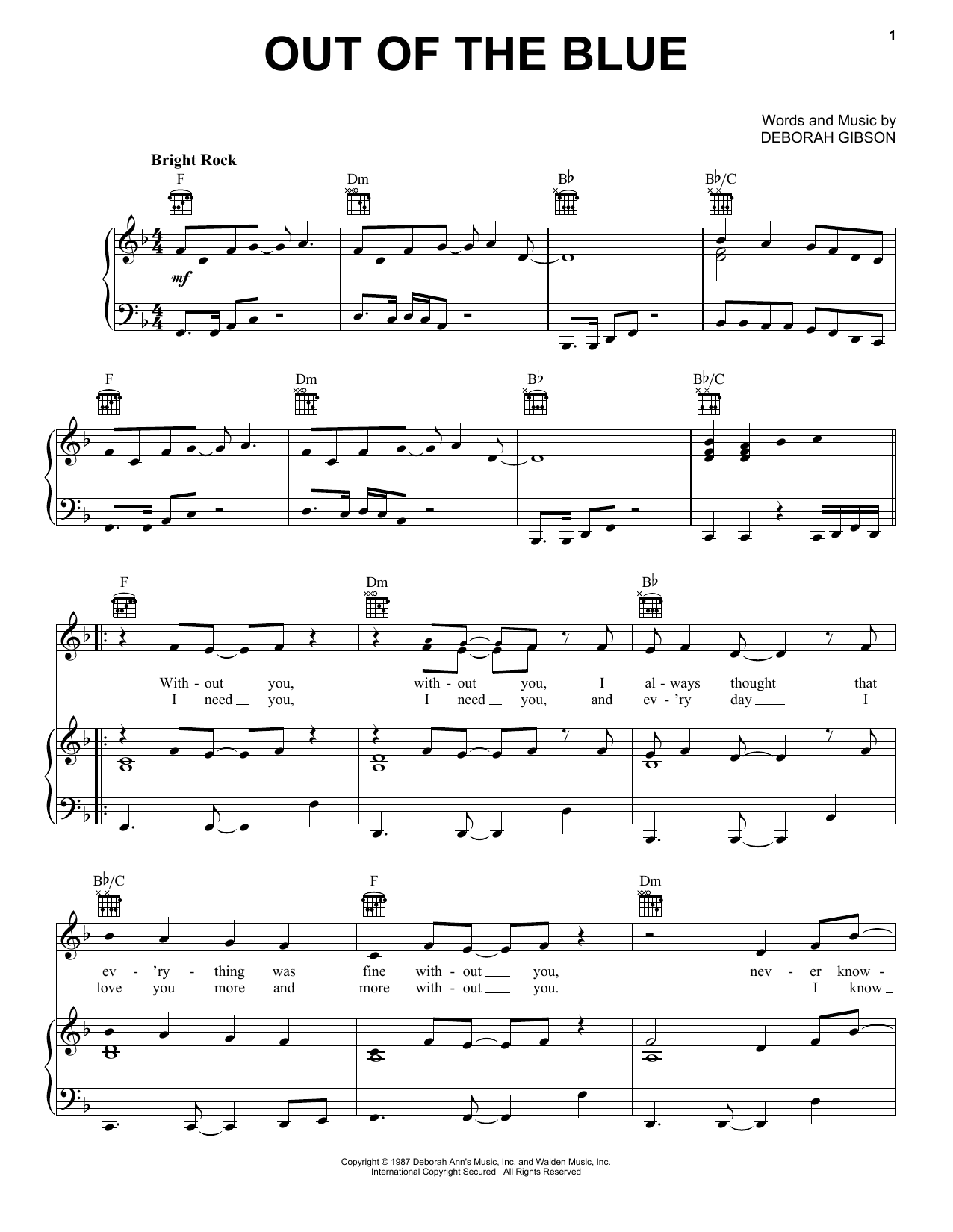 Learn to play Debbie Gibson Out Of The Blue sheet music for Piano, Vocal & Guitar Chords (Right-Hand Melody) in minutes. Price: 7.8900$ Debbie Gibson Out Of The Blue sheet music notes and chords arranged for Piano, Vocal & Guitar Chords (Right-Hand Melody)