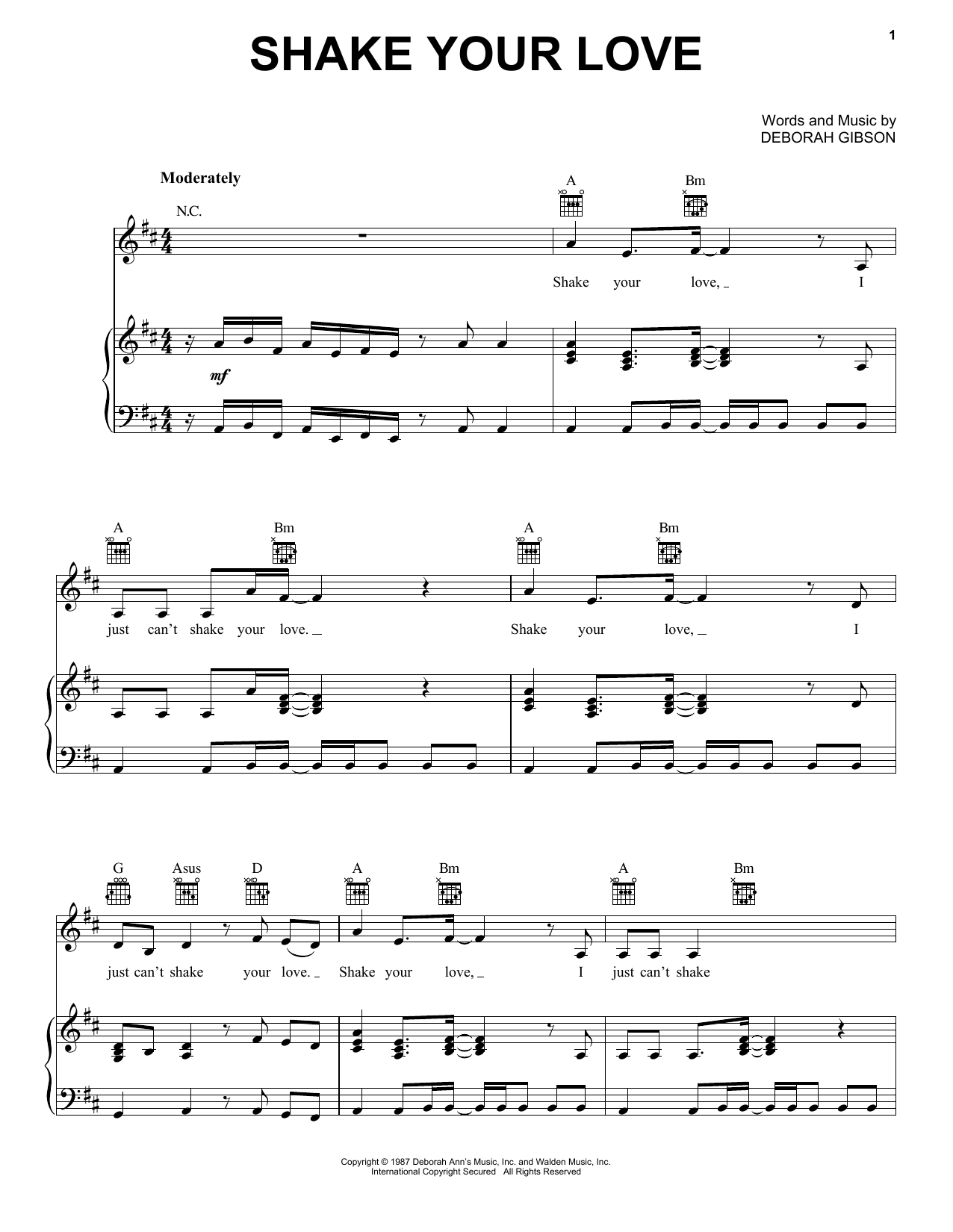 Debbie Gibson Shake Your Love sheet music notes and chords arranged for Piano, Vocal & Guitar Chords (Right-Hand Melody)