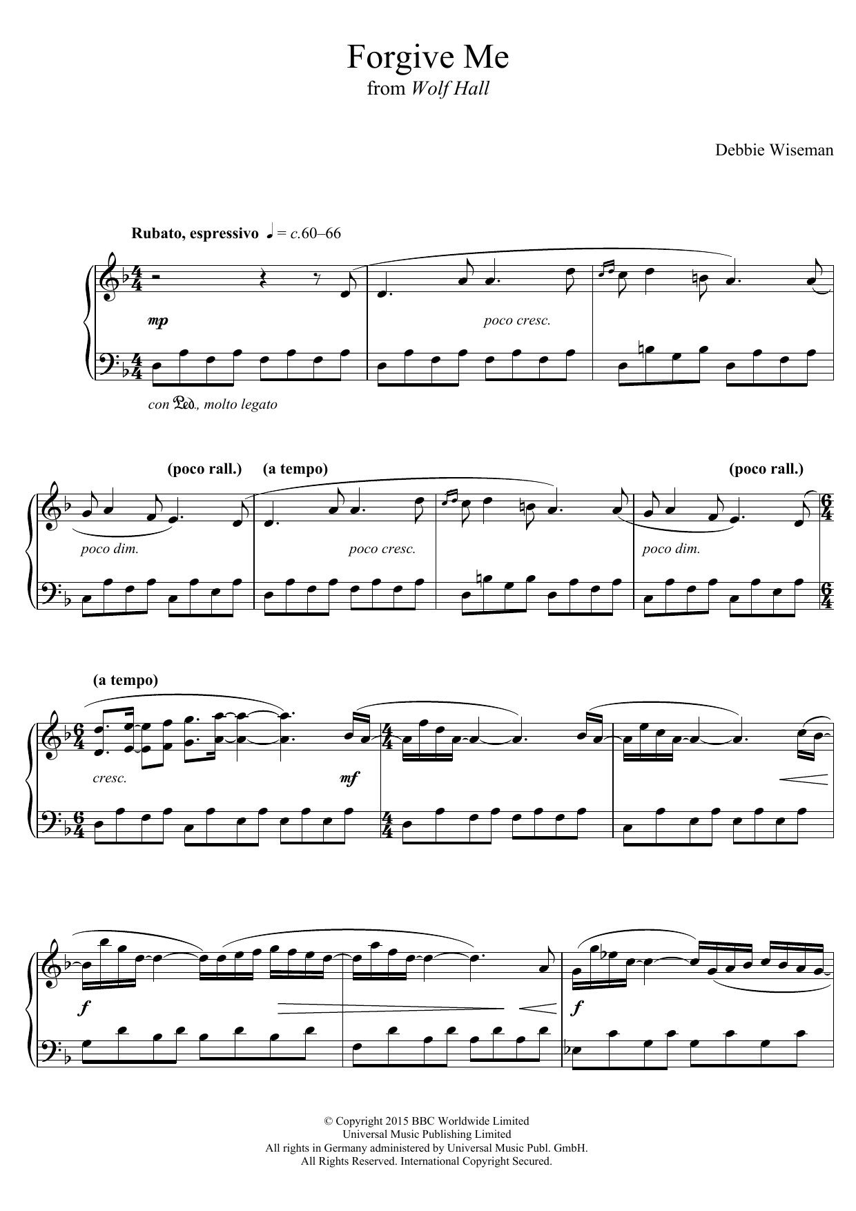 Learn to play Debbie Wiseman Forgive Me (From 'Wolf Hall') sheet music for Piano Solo in minutes. Price: 7.8900$ Debbie Wiseman Forgive Me (From 'Wolf Hall') sheet music notes and chords arranged for Piano Solo