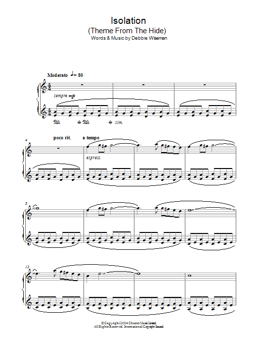 Learn to play Debbie Wiseman Isolation (Theme From The Hide) sheet music for Piano Solo in minutes. Price: 7.8900$ Debbie Wiseman Isolation (Theme From The Hide) sheet music notes and chords arranged for Piano Solo