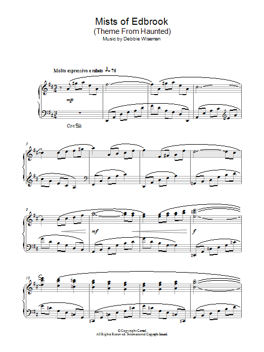 Learn to play Debbie Wiseman Mists Of Edbrook (Theme From Haunted) sheet music for Piano Solo in minutes. Price: 7.8900$ Debbie Wiseman Mists Of Edbrook (Theme From Haunted) sheet music notes and chords arranged for Piano Solo