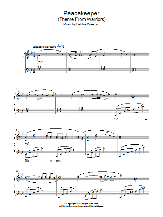 Learn to play Debbie Wiseman Peacekeeper (Theme From Warriors) sheet music for Piano Solo in minutes. Price: 7.8900$ Debbie Wiseman Peacekeeper (Theme From Warriors) sheet music notes and chords arranged for Piano Solo