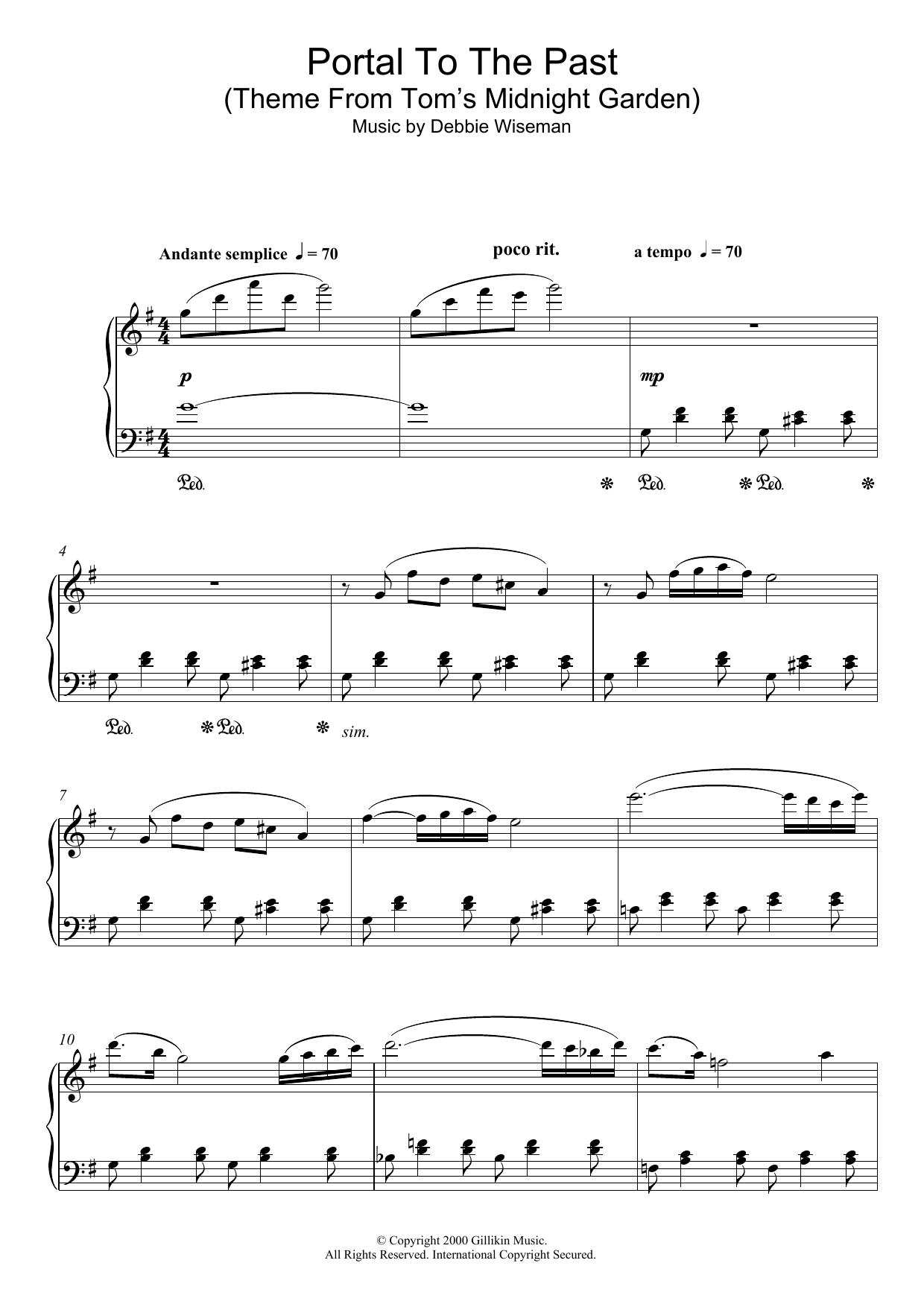 Debbie Wiseman Portal To The Past (Theme From Tom's Midnight Garden) sheet music notes and chords arranged for Piano Solo