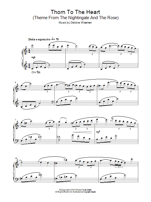 Learn to play Debbie Wiseman Thorn To The Heart (Theme From The Nightingale And The Rose) sheet music for Piano Solo in minutes. Price: 7.8900$ Debbie Wiseman Thorn To The Heart (Theme From The Nightingale And The Rose) sheet music notes and chords arranged for Piano Solo