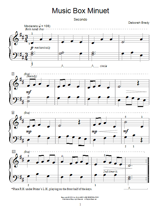 Deborah Brady Music Box Minuet sheet music notes and chords arranged for Piano Duet