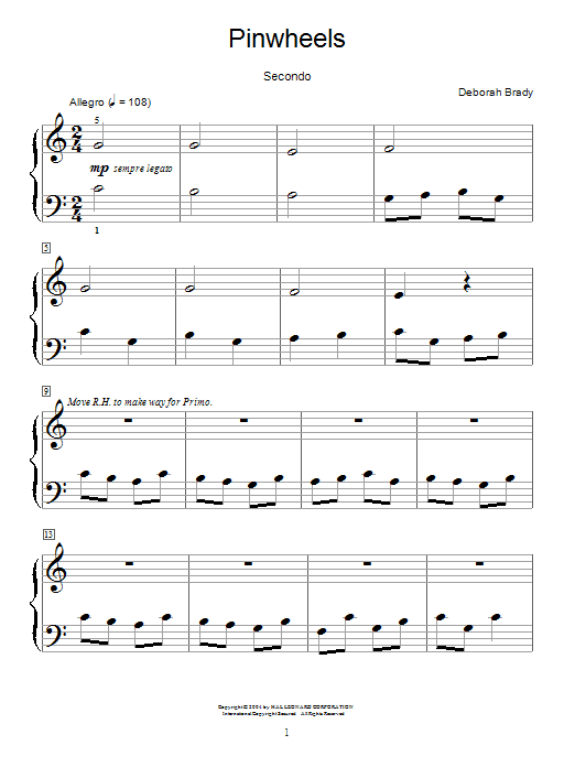 Learn to play Deborah Brady Pinwheels sheet music for Piano Duet in minutes. Price: 7.8900$ Deborah Brady Pinwheels sheet music notes and chords arranged for Piano Duet