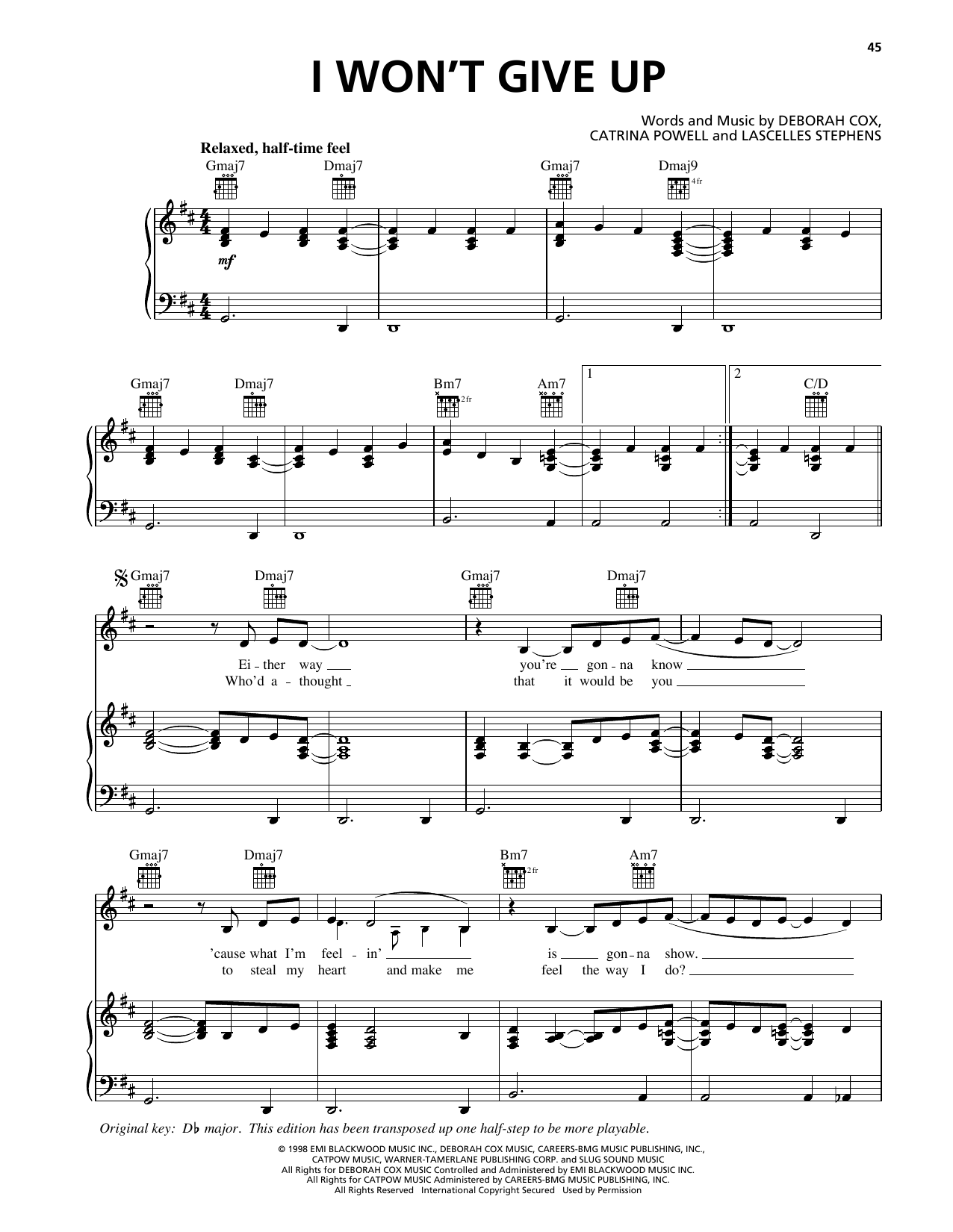Learn to play Deborah Cox I Won't Give Up sheet music for Piano, Vocal & Guitar Chords (Right-Hand Melody) in minutes. Price: 7.8900$ Deborah Cox I Won't Give Up sheet music notes and chords arranged for Piano, Vocal & Guitar Chords (Right-Hand Melody)