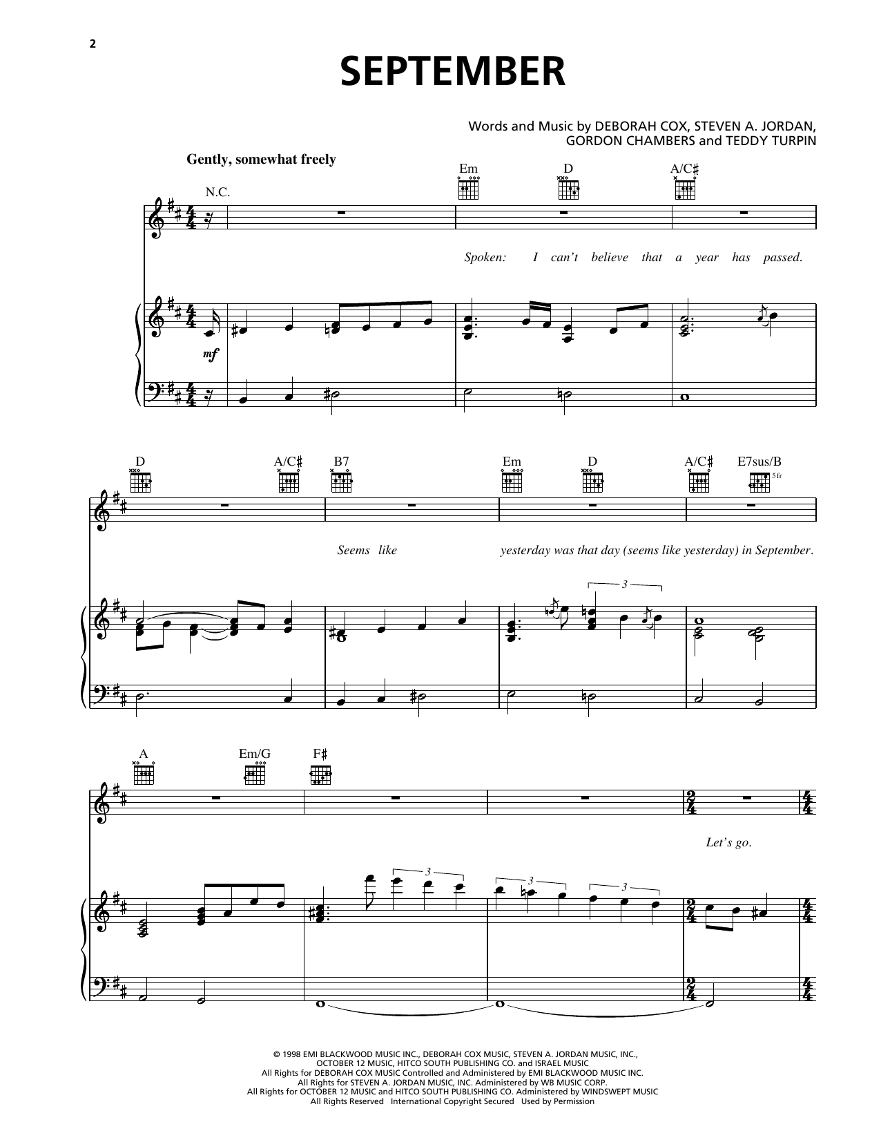 Learn to play Deborah Cox September sheet music for Piano, Vocal & Guitar Chords (Right-Hand Melody) in minutes. Price: 7.8900$ Deborah Cox September sheet music notes and chords arranged for Piano, Vocal & Guitar Chords (Right-Hand Melody)