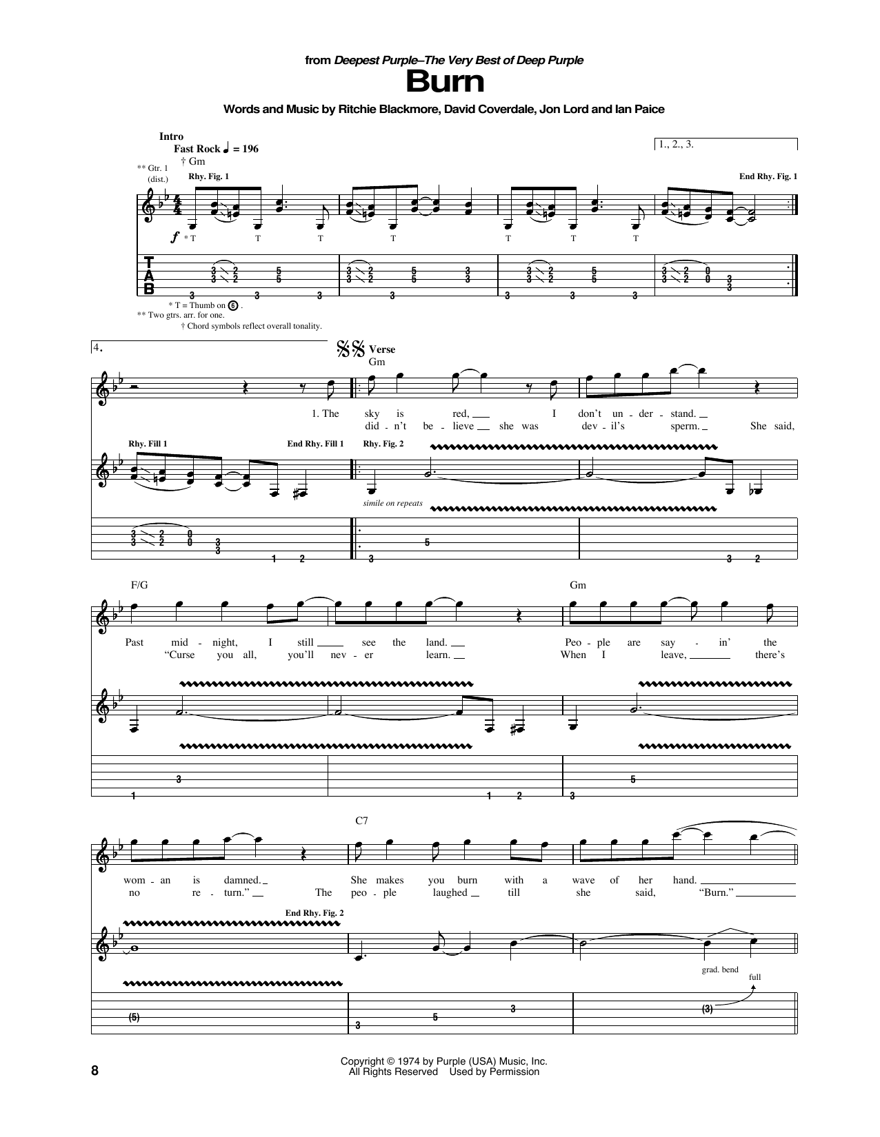 Deep Purple Burn sheet music notes and chords. Download Printable PDF.