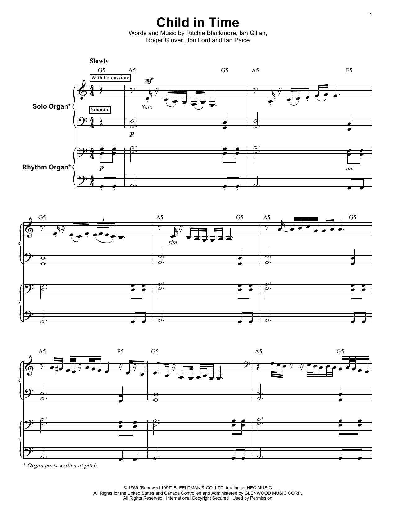 Deep Purple Child In Time sheet music notes and chords. Download Printable PDF.