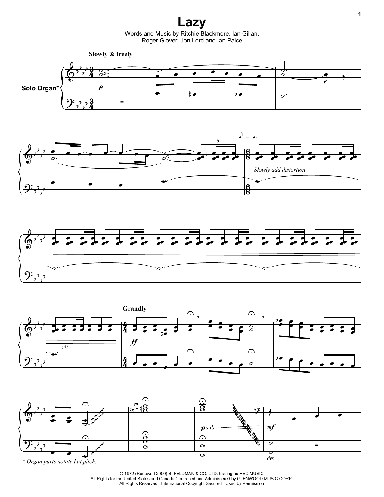 Deep Purple Lazy sheet music notes and chords. Download Printable PDF.