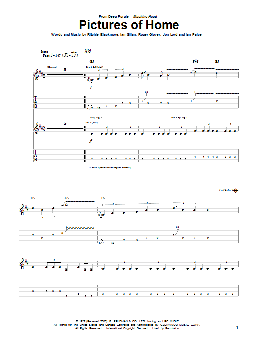 Deep Purple Pictures Of Home sheet music notes and chords. Download Printable PDF.