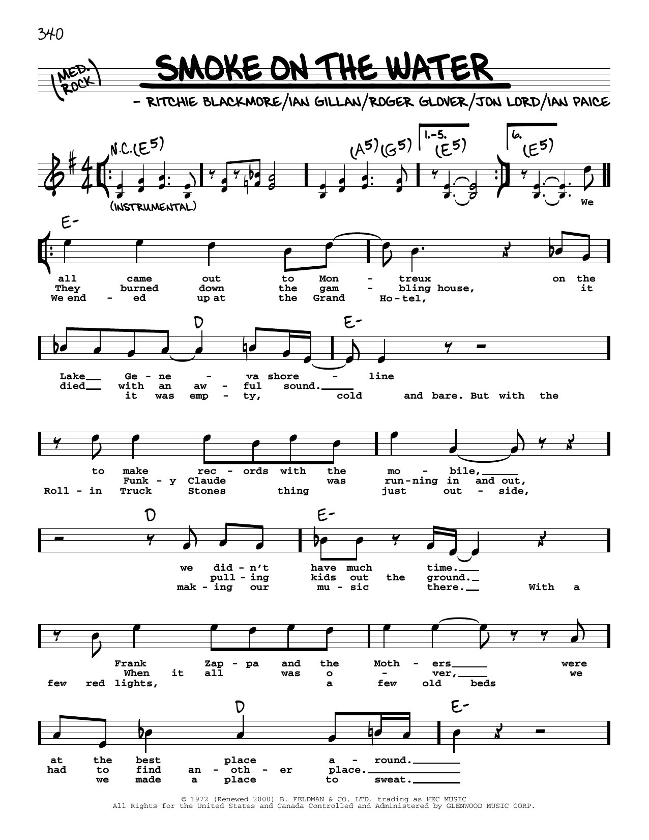 Deep Purple Smoke On The Water (High Voice) sheet music notes and chords. Download Printable PDF.