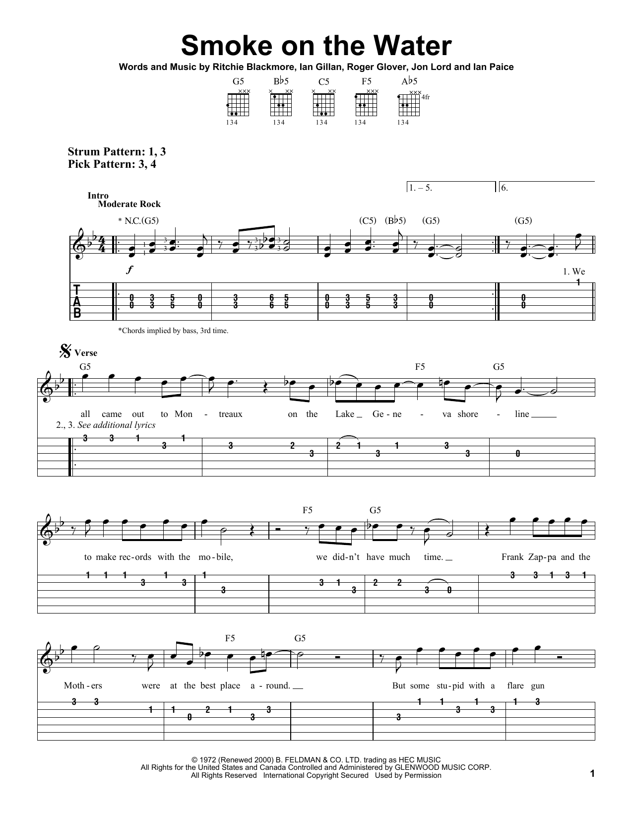 Deep Purple Smoke On The Water sheet music notes and chords. Download Printable PDF.